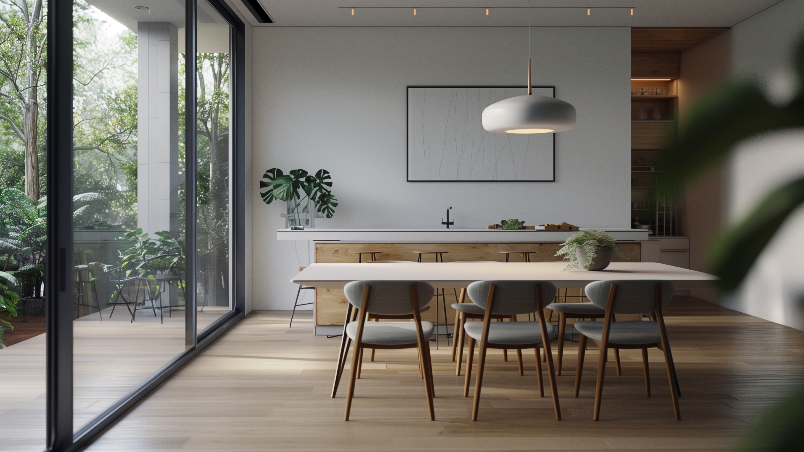 A modern dining area featuring a large wooden table surrounded by six light gray chairs. A minimalist pendant light hangs above the table. The space has large glass windows with views of greenery outside, and light wood flooring complements the neutral interior design.